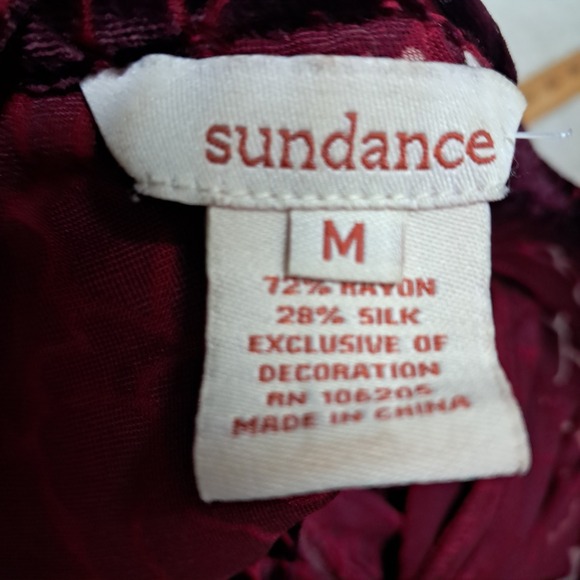 Sundance Top Women's Medium Red Velvet Burnout Button Up Long‎ Sleeve Silk Blend - Picture 4 of 9